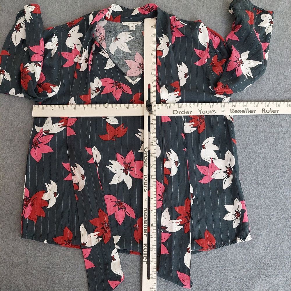 Como Blu Floral Pinstripe Tie-Neck Blouse - Petite Small (PS) - Picture 3 of 6